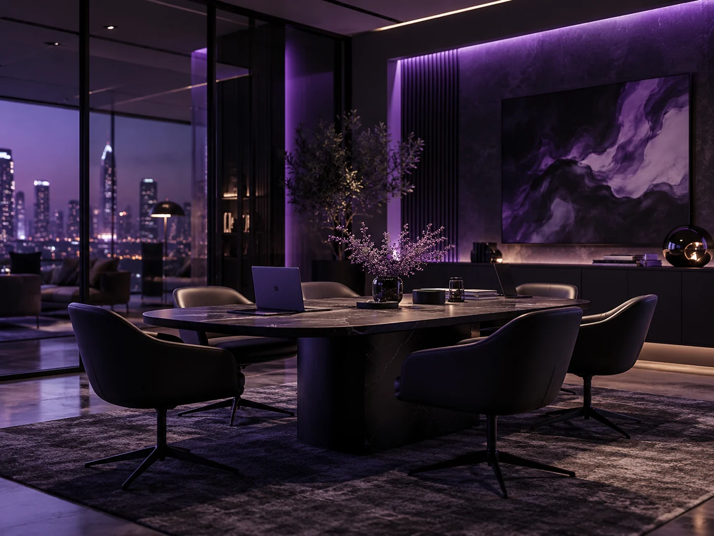 A dark conference room with a laptop on the table, purple lighting, and a city skyline