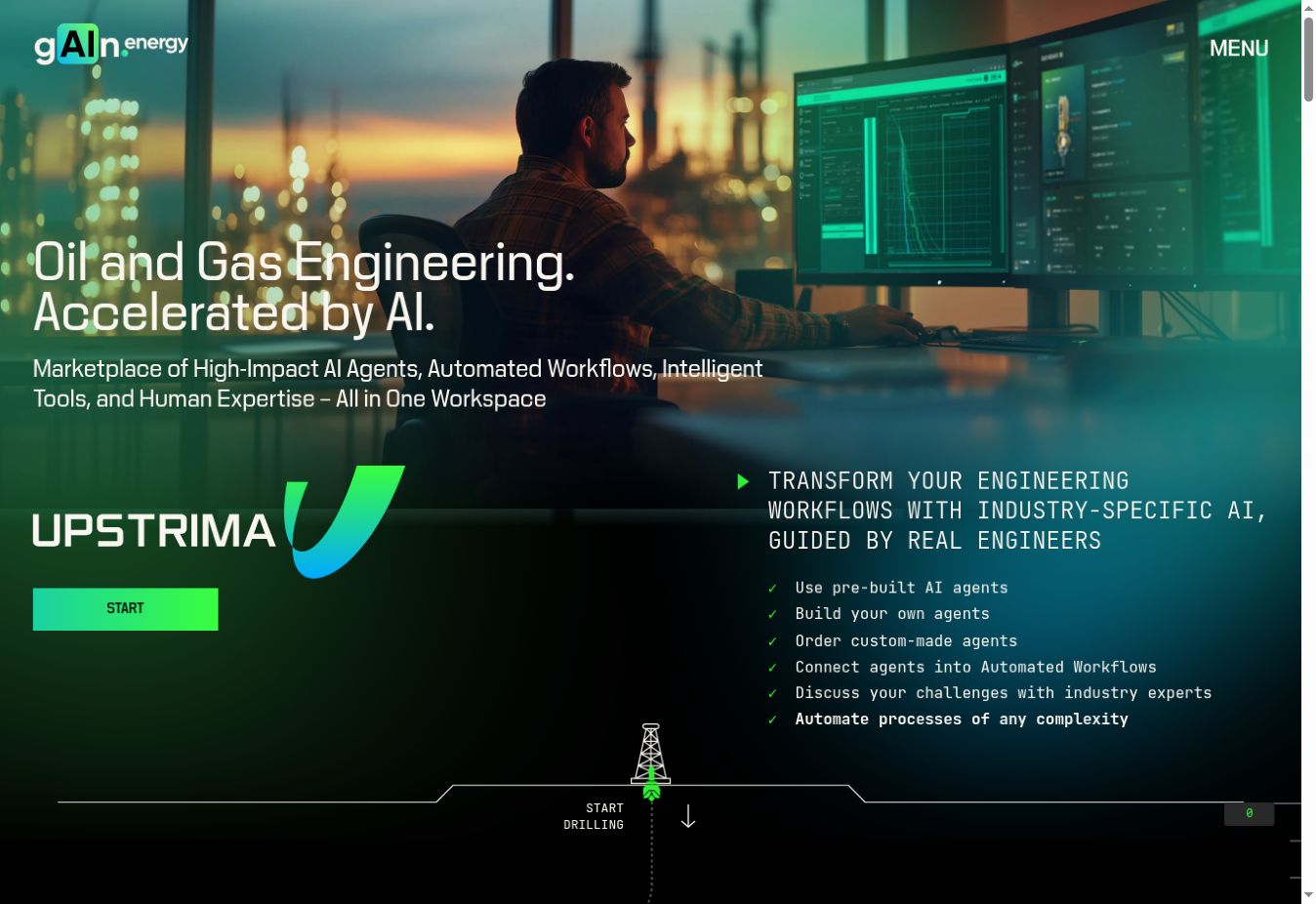 Public Gain Energy homepage with the Upstrima introduction for oil and gas engineering.