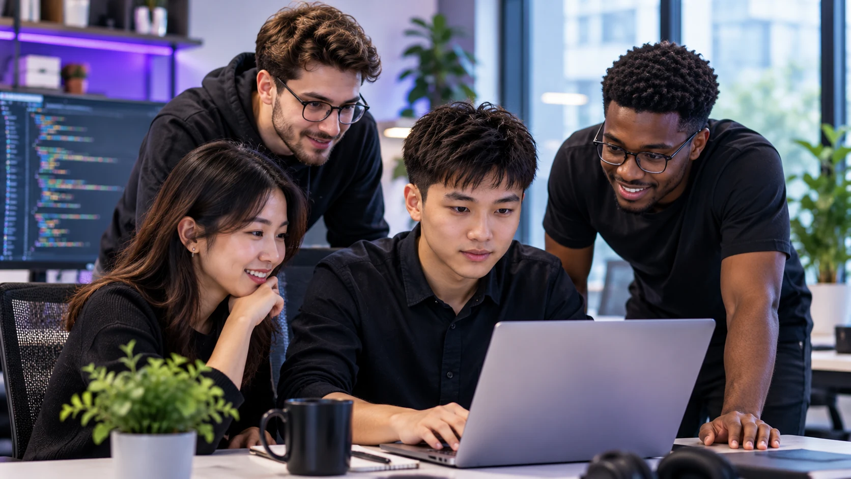 Illustrative scene of colleagues collaborating during pair programming and code review